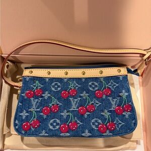 Louis Vuitton x Murakami Blue Denim Cherry Embroidered Women's Bag